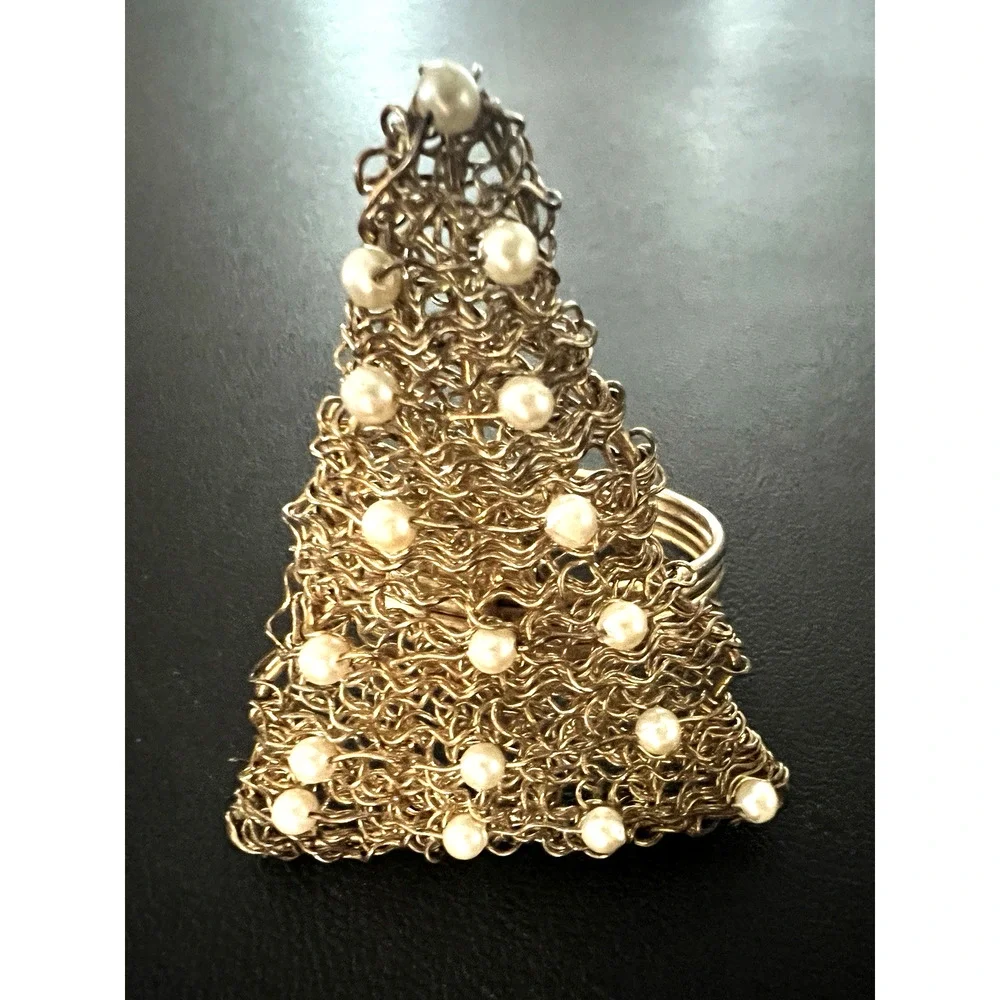 Kemp & Beatley Gold Woven Christmas Tree Napkin Rings w/ Faux Pearls Lot Of 6